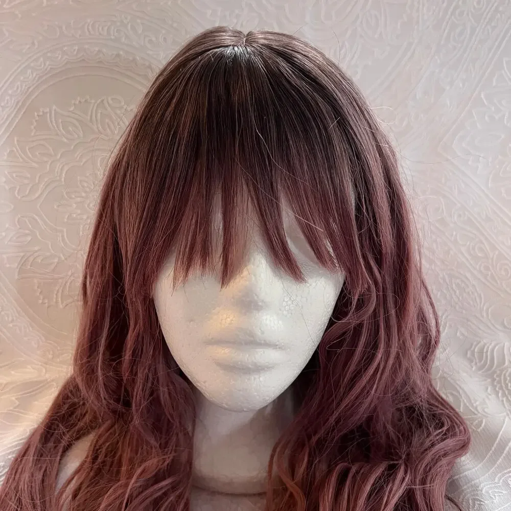 Long Wavy Rose Pink Dark Roots Ombre Balayage Everyday Cosplay Wig Trimmed bangs